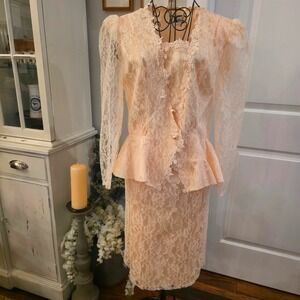 PATRIA Sz 14 Blush Lace Peplum Skirt Suit USA Made Romantic Formal Bridal VTG‎